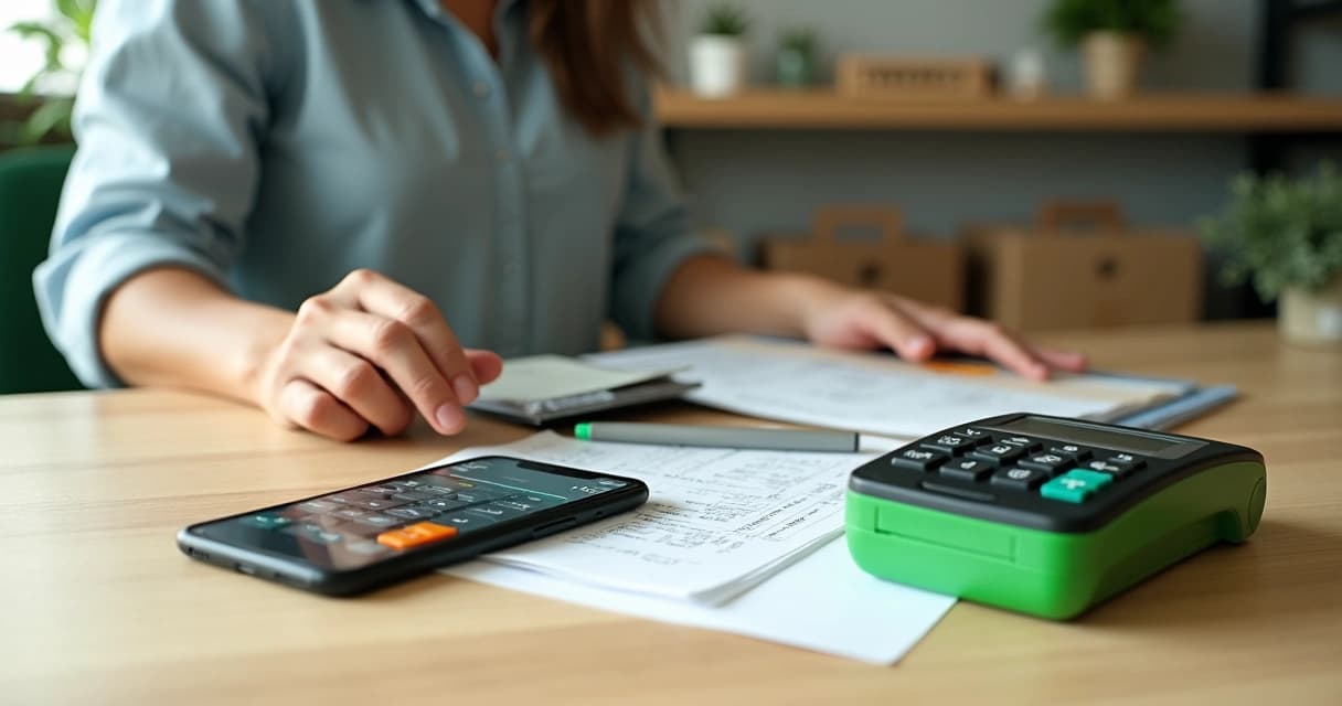Empreendedor calculando taxas da maquininha usando calculadora e celular na mesa