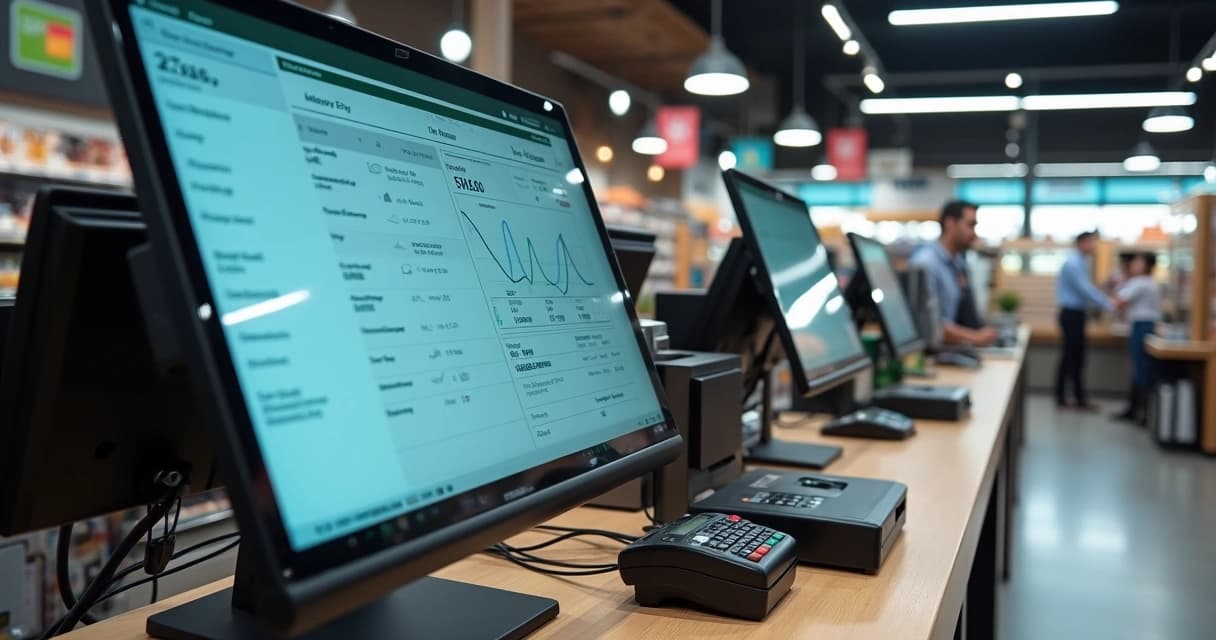 Caixa de supermercado com múltiplos monitores e terminal TEF integrando pagamentos com cartão