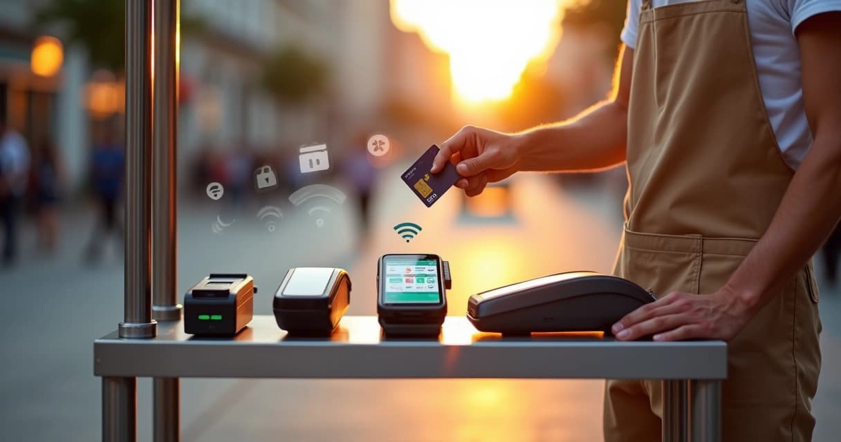 Vendedor de rua utilizando diferentes tipos de POS ao lado de um carrinho de comida